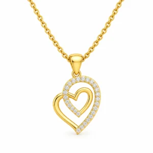 Double heart diamond pendant in gold for women with sparkling round stones