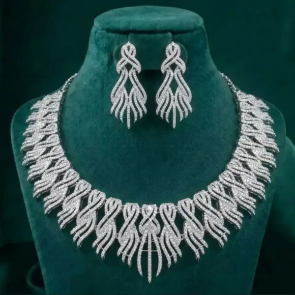 Celestial Feather Diamond Necklace Set featuring graceful feather-inspired motifs adorned with sparkling lab-grown diamonds and matching elegant earrings.