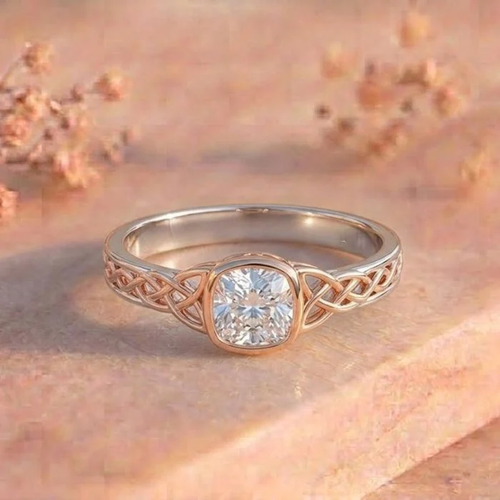 Celtic Knot Bezel Cushion Cut Two-Tone Ring Celtic Knot Bezel Cushion Cut Two-Tone Ring featuring intricate Celtic knot detailing with a bezel-set cushion-cut lab-grown diamond in a stylish two-tone finish.