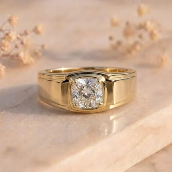 Cushion Cut Signet Solitaire Diamond Ring featuring a bold signet-style band with a sparkling cushion-cut lab-grown solitaire diamond and polished finish.