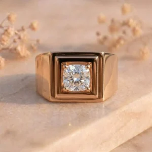 Cushion Cut Square Frame Rose Gold Signet Ring featuring a bold square-frame signet design with a sparkling cushion-cut lab-grown diamond in a luxurious rose gold finish.