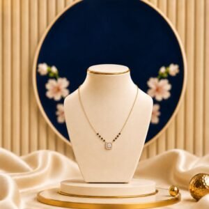 Cushion Halo Lab Grown Diamond Mangalsutra featuring a classic cushion-shaped halo pendant adorned with sparkling lab-grown diamonds and elegant black bead chain detailing.
