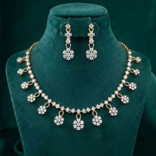 Daisy Cascade Diamond Necklace Set featuring delicate daisy-inspired motifs with cascading detailing adorned with sparkling lab-grown diamonds and matching earrings.