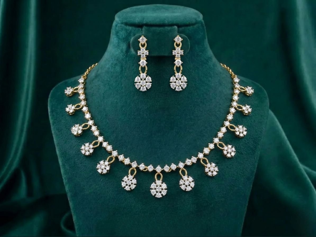 Daisy Cascade Diamond Necklace Set Daisy Cascade Diamond Necklace Set featuring delicate daisy-inspired motifs with cascading detailing adorned with sparkling lab-grown diamonds and matching earrings.
