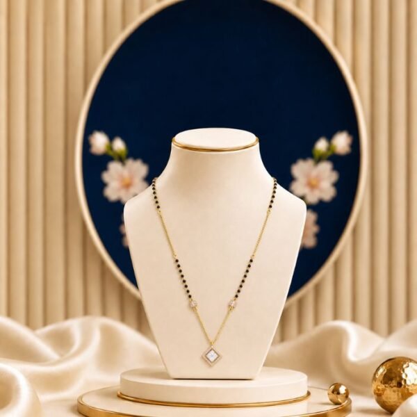 Deco Square Halo Lab Grown Diamond Mangalsutra featuring a modern square halo geometric design adorned with sparkling lab-grown diamonds and elegant black bead chain detailing.