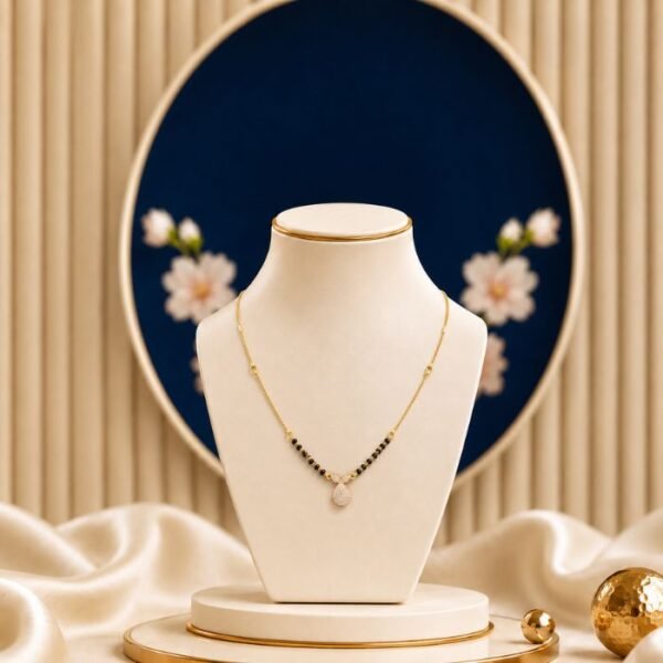 Dewdrop Solitaire Lab Grown Diamond Mangalsutra featuring a delicate dewdrop-inspired solitaire pendant adorned with a sparkling lab-grown diamond and elegant black bead chain detailing.