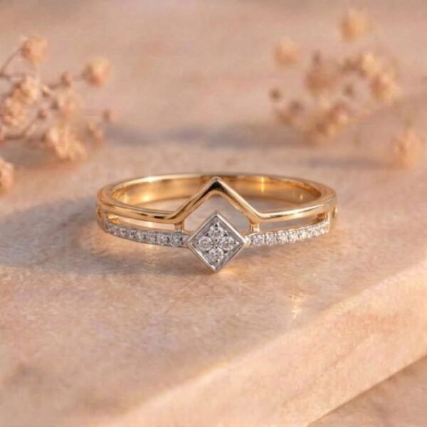Diamond Cluster Chevron Pavé Two-Tone Gold Ring featuring a bold chevron-inspired design with clustered pavé-set lab-grown diamonds in an elegant two-tone gold finish.