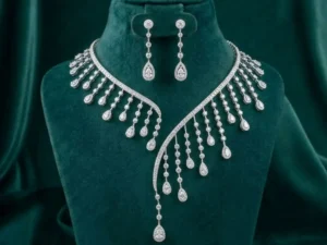 Diamond Rainfall Statement Necklace Set featuring cascading diamond-inspired patterns with sparkling lab-grown diamonds and matching earrings.