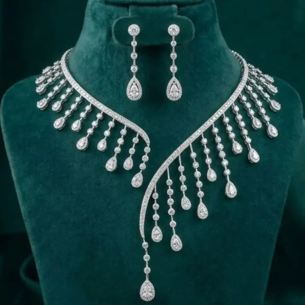 Diamond Rainfall Statement Necklace Set featuring cascading diamond-inspired patterns with sparkling lab-grown diamonds and matching earrings.