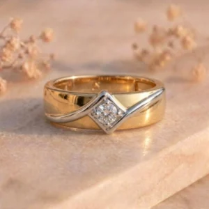 Diamond Shape Solitaire Two-Tone Signet Ring featuring a bold two-tone signet design with a sparkling diamond-shaped solitaire lab-grown diamond.