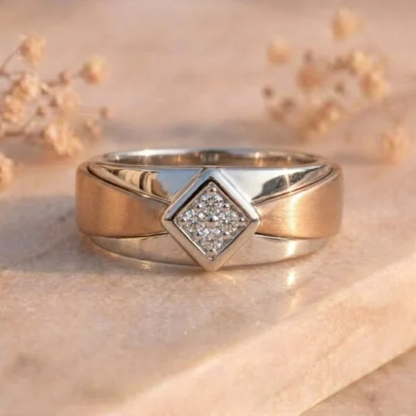 Diamond Shaped Cluster Two-Tone Signet Couple Ring featuring a bold two-tone signet design with a sparkling diamond-shaped cluster of lab-grown diamonds.