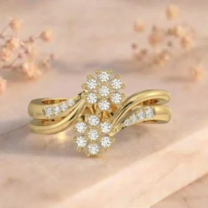Double Flower Cluster Pavé Bypass Yellow Gold Ring featuring elegant floral cluster motifs with pavé-set lab-grown diamonds in a graceful bypass yellow gold design.