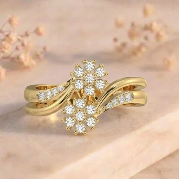 Double Flower Cluster Pavé Bypass Yellow Gold Ring featuring elegant floral cluster motifs with pavé-set lab-grown diamonds in a graceful bypass yellow gold design.