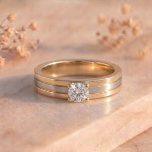 Dual Yellow White Stripe Band Solitaire Diamond Ring featuring a bold two-tone striped band with a sparkling solitaire lab-grown diamond and modern polished detailing.