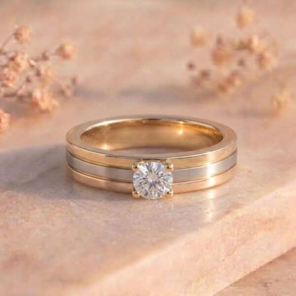 Dual Yellow White Stripe Band Solitaire Diamond Ring featuring a bold two-tone striped band with a sparkling solitaire lab-grown diamond and modern polished detailing.