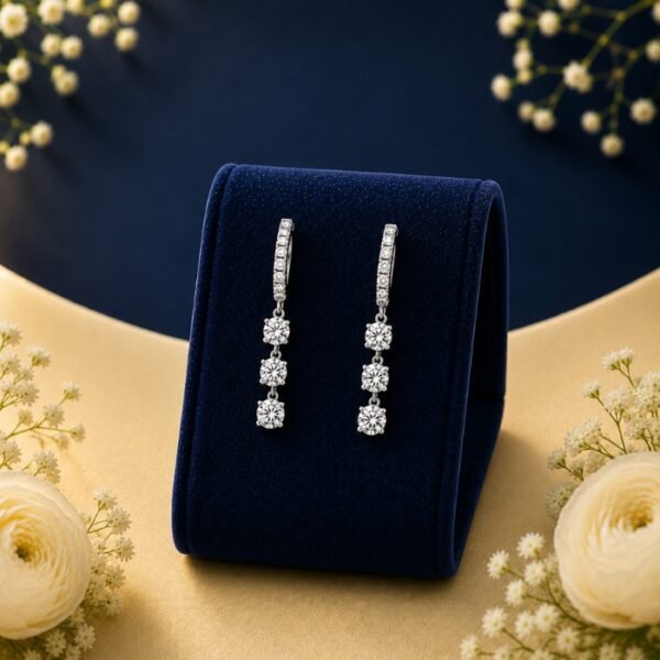 Triple solitaire lab-grown diamond drop hoop earrings in 14 carat gold