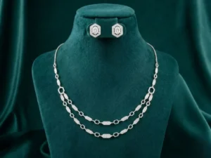 Elegant Hexa Link Diamond Necklace Set featuring geometric hexagonal links adorned with sparkling lab-grown diamonds and matching earrings.