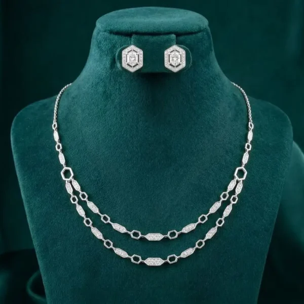 Elegant Hexa Link Diamond Necklace Set featuring geometric hexagonal links adorned with sparkling lab-grown diamonds and matching earrings.