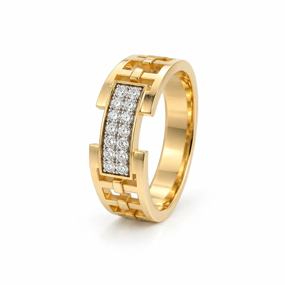 Royal Grid Lab Grown Diamond Men’s Ring Angled View in Yellow Gold
