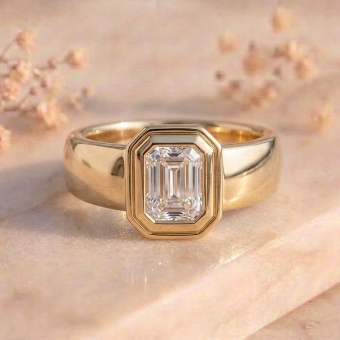 Emerald Bezel Signet Diamond Ring Emerald Bezel Signet Diamond Ring featuring a bold signet-style design with a bezel-set emerald-cut lab-grown diamond and polished finish.