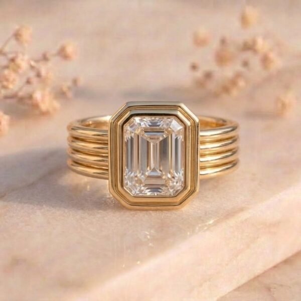 Emerald Cut Bezel Diamond Ring featuring a sleek bezel-set emerald-cut lab-grown diamond with elegant modern detailing.