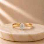 Emerald Cut Solitaire Yellow Gold Ring featuring a sleek emerald-cut lab-grown diamond set in a polished yellow gold band with timeless elegance.