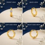 Signature solitaire diamond nose ring shown in front view, side view, top view, and angled perspective highlighting single diamond design