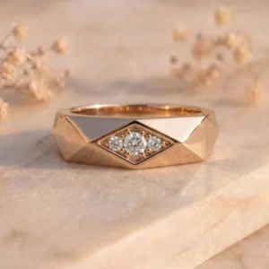 Faceted Diamond Trio Rose Gold Ring featuring three sparkling lab-grown diamonds with faceted detailing in a luxurious rose gold setting.