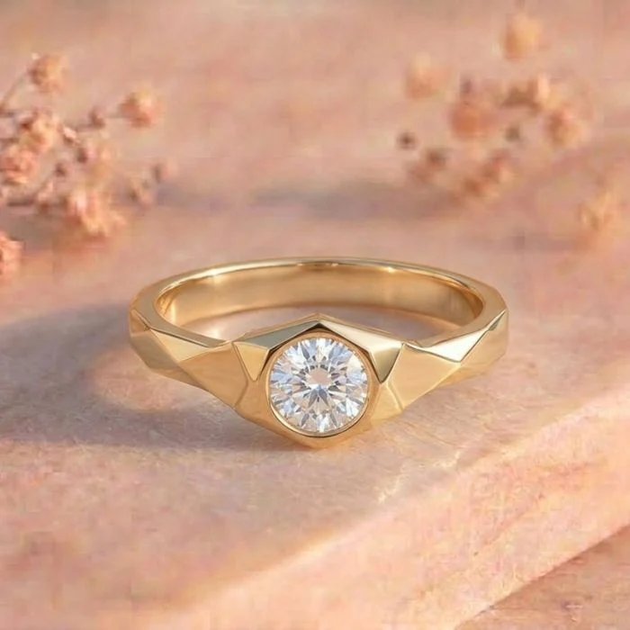 Faceted Shoulder Round Bezel Solitaire Gold Ring Faceted Shoulder Round Bezel Solitaire Gold Ring featuring a round bezel-set lab-grown diamond with faceted shoulder detailing and a polished gold finish.