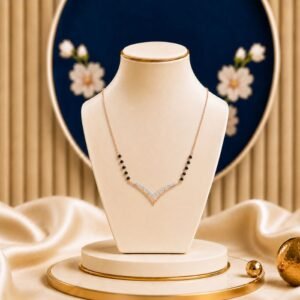 Fashionable Chevron Diamond Mangalsutra featuring a sleek chevron-inspired pendant adorned with sparkling lab-grown diamonds and elegant black bead chain detailing.