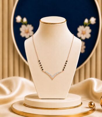Fashionable Chevron Diamond Mangalsutra featuring a sleek chevron-inspired pendant adorned with sparkling lab-grown diamonds and elegant black bead chain detailing.