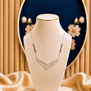 Feather Wing Lab Grown Diamond Mangalsutra featuring graceful feather wing-inspired motifs adorned with sparkling lab-grown diamonds and elegant black bead chain detailing.