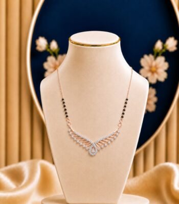 Feather Wing Lab Grown Diamond Mangalsutra featuring graceful feather wing-inspired motifs adorned with sparkling lab-grown diamonds and elegant black bead chain detailing.