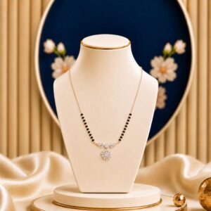 Floral Aura Diamond Mangalsutra featuring delicate floral-inspired motifs adorned with sparkling lab-grown diamonds and elegant black bead chain detailing.