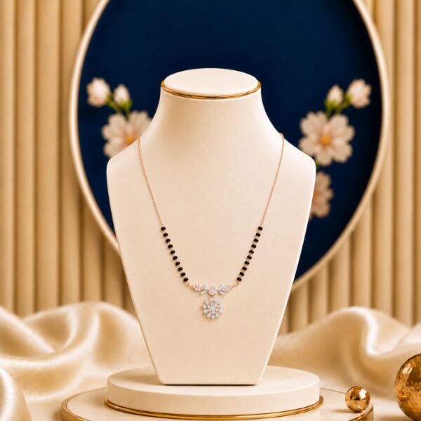 Floral Aura Diamond Mangalsutra featuring delicate floral-inspired motifs adorned with sparkling lab-grown diamonds and elegant black bead chain detailing.