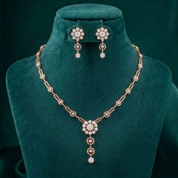 Floral Cluster Chain Link Necklace Set featuring delicate floral cluster motifs connected with elegant chain links and matching sparkling earrings.