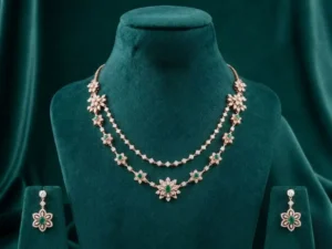 Floral Green Stone Diamond Necklace Set featuring elegant floral motifs with radiant green stones, sparkling diamonds, and matching earrings.
