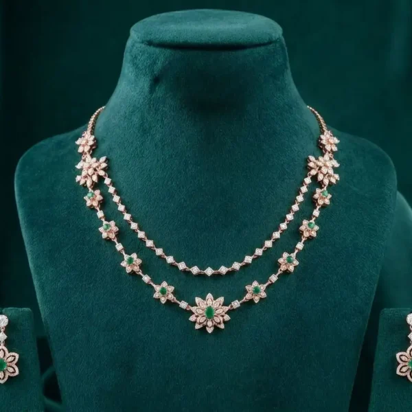 Floral Green Stone Diamond Necklace Set featuring elegant floral motifs with radiant green stones, sparkling diamonds, and matching earrings.