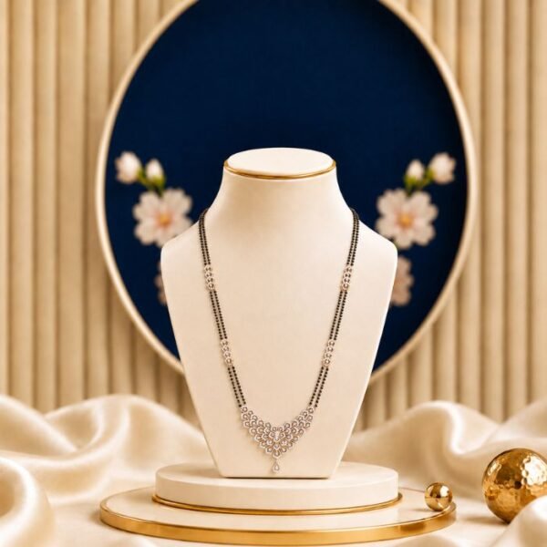 Floral Lattice Long Lab Grown Diamond Mangalsutra featuring intricate floral lattice detailing adorned with sparkling lab-grown diamonds and elegant black bead chain accents.