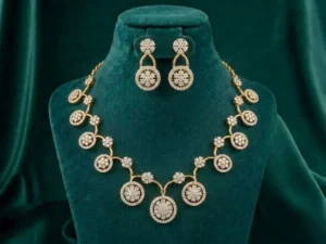 Floral Medallion Circle Station Necklace Set featuring elegant circular medallion motifs with floral detailing and matching sophisticated earrings.