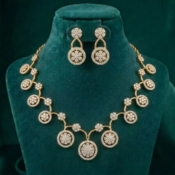 Floral Medallion Circle Station Necklace Set featuring elegant circular medallion motifs with floral detailing and matching sophisticated earrings.