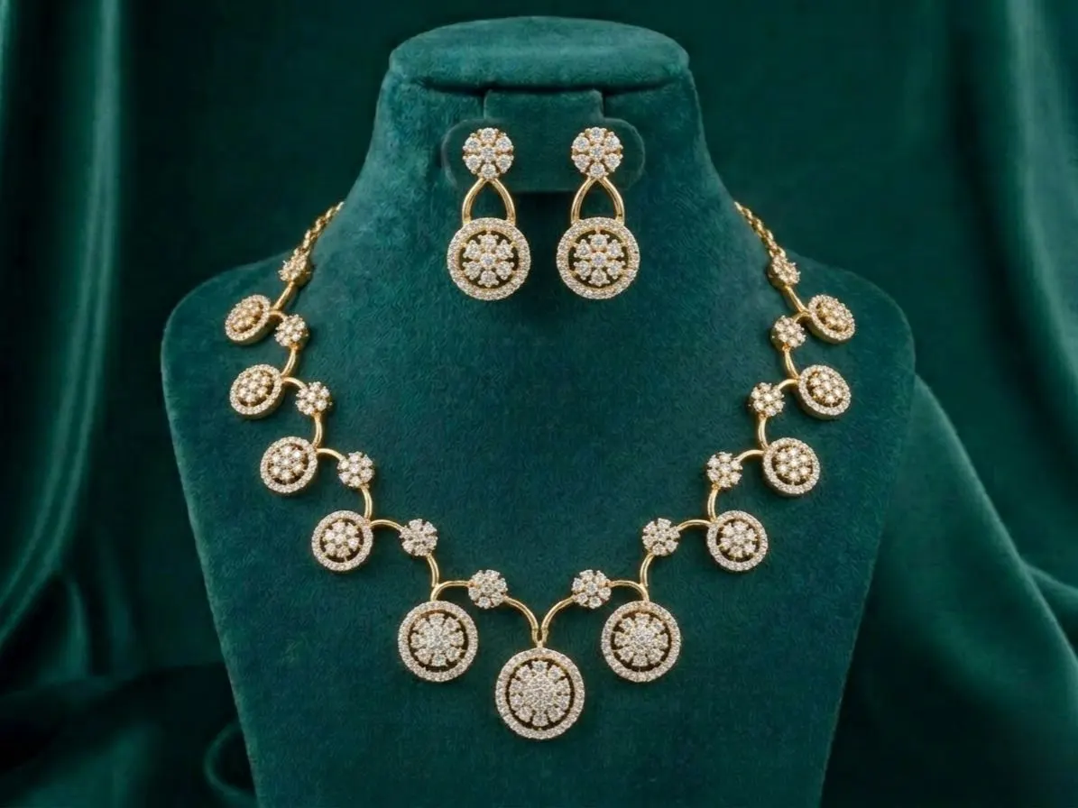 Floral Medallion Circle Station Necklace Set Floral Medallion Circle Station Necklace Set featuring elegant circular medallion motifs with floral detailing and matching sophisticated earrings.