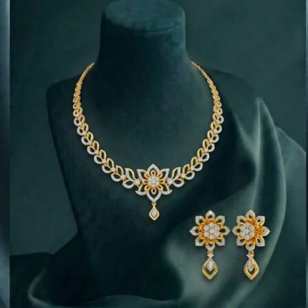 Shimmering diamond necklace and earring set featuring an elegant floral blossom design crafted in polished precious metal.