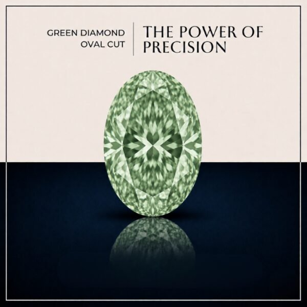 Loose green oval cut lab grown diamond showcasing vivid green color clarity and brilliant facet structure on a clean studio background.