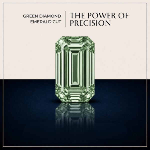 Loose green emerald cut lab grown diamond showcasing vivid green color clarity and elegant step cut facet structure on a clean studio background.
