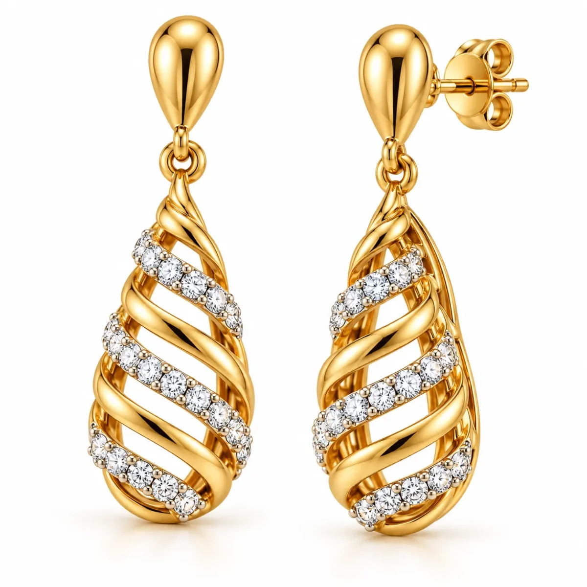 18K Gold Lab Certified Spiral Diamond Drop Earrings for Women - Image 2