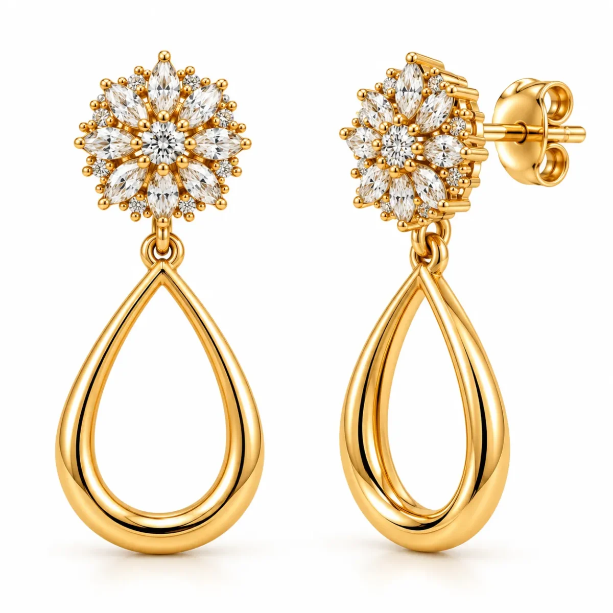 18K Gold Lab Certified Floral Marquise Diamond Drop Earrings for Women - Image 2