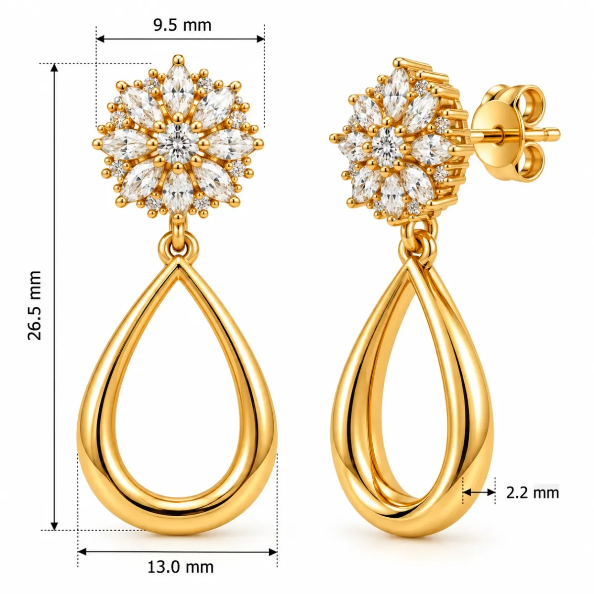 18K Gold Lab Certified Floral Marquise Diamond Drop Earrings for Women - Image 3