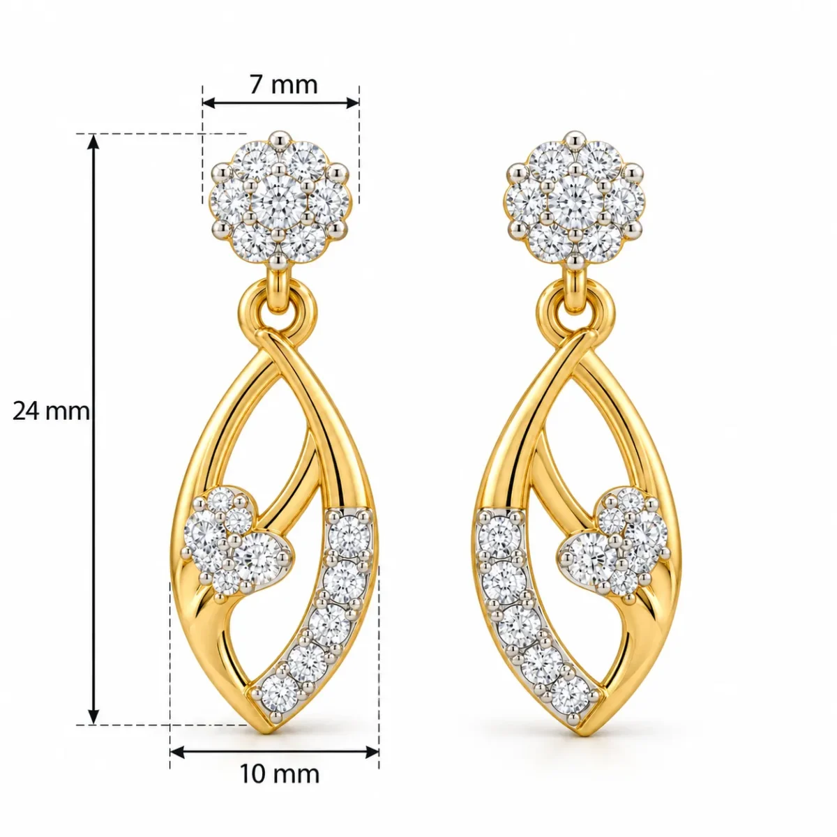18K Gold Lab Certified Round Cut Floral Leaf Earrings for Women - Image 3