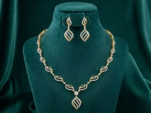 Golden Leaf Wave Diamond Necklace Set featuring flowing leaf-inspired wave patterns adorned with sparkling lab-grown diamonds and matching earrings.